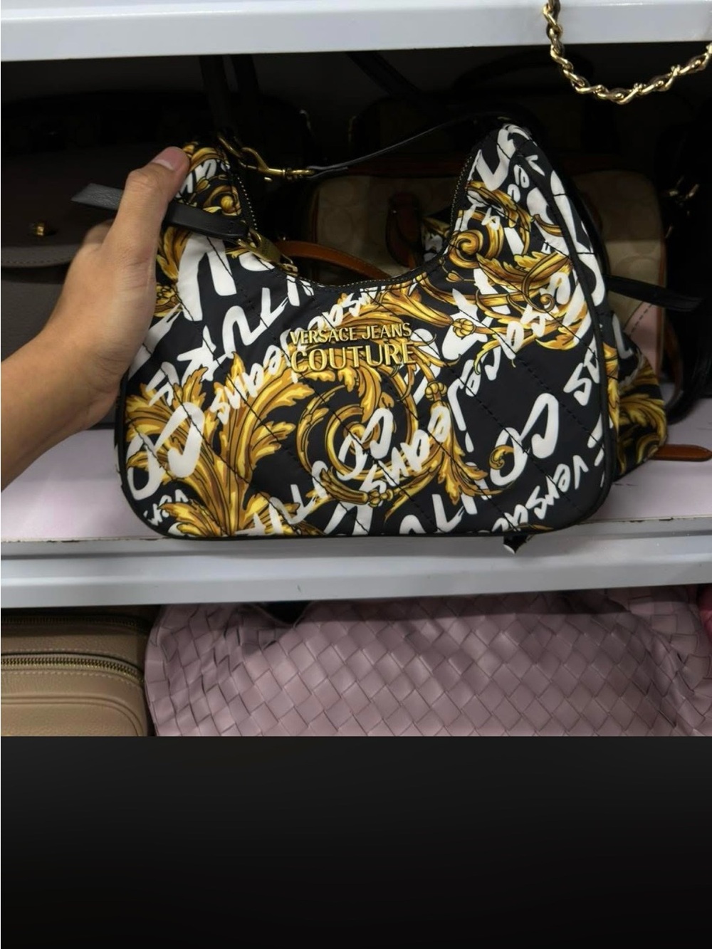 Versace Jeans Couture Black, White & Gold Script Shoulder Bag